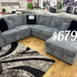 Dark Grey Corduroy  Sectional Sofa Sleeper  With Storage 