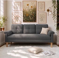 Gray Tufted 3-Seat Sofa with Wood Legs