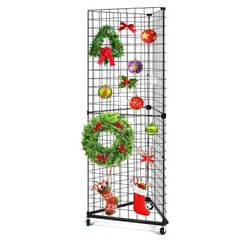 New Triangular Gridwall Panel Display Stand, Black Triangle Wire Grid Tower with Base and Casters, 24" x 68" Rolling Grid Wall, Panel Stand for Home O