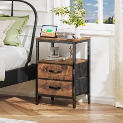 Wood Side End Table Nightstand with Charging Outlets USB Port Type C Fabric Drawer   NEW CONDITION ASSEMBLED Size Length 16", Width 12", Height 24"
