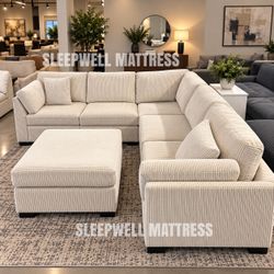 Cream Corduroy Sectional Sofa with Ottoman