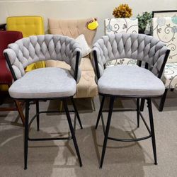30inch Bar Stools Set of 2,360° Swivel Counter Height Bar Stools, Suede Fabric Modern Stool Chairs with Woven Back and Footrest for Kitchen Island, Ca