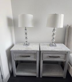 Pair of Gray Wood Nightstands with Marble Tops (MSRP $1200)