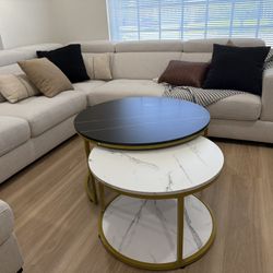 Coffee Table- Black & White - Round Nesting - Faux Marble Top - Circular Round -m