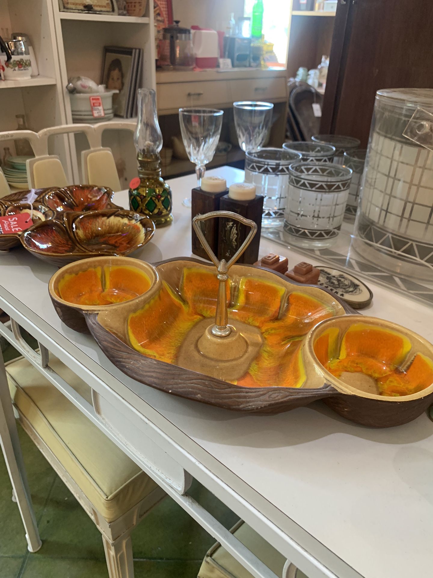 15x9x7 vintage mid-century modern entertainment snack tray dish.  42.00.  Johanna at Antiques and More. Located at 316b Main Street Buda. Antiques vin