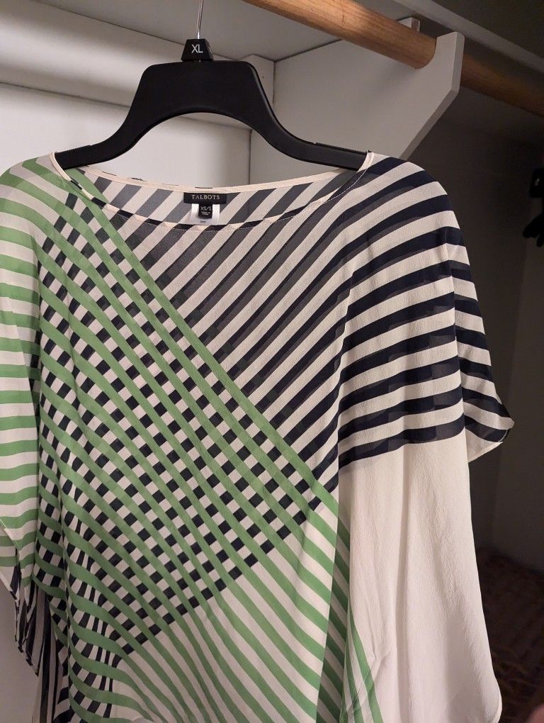 Women's Talbots White/Lime Green/Navy Blue Flowy Short Sleeve Top Size XS/S
