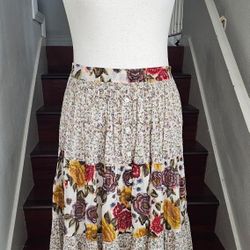 Women's Floral Maxi Skirt M/L Boho Hippie Brown Cotton Lined *READ MEASUREMENTS**