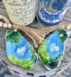 Handmade oyster shell ornaments – heart sky/blue clouds/host hostess gift/dopamine decor