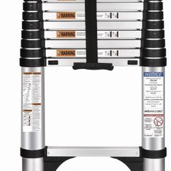 Soctone Telescoping Ladder, 12.5 FT Aluminum Button Retraction Extension Ladder with 2 Triangle Stabilizers, Multi-Purpose Ladder with Slow Down Desig