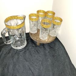 Vintage Studio Crystal Brand 6 Piece Drinkware Set with gold band and etched design. 