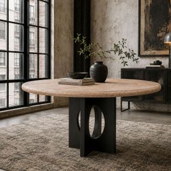 54" Solid Mango Wood Round Dining Table w/ Modern Black Heavy Duty Iron Metal Base [NEW] **Some Assembly Req 