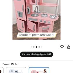 KidKraft Vintage Wooden Play Kitchen with Pretend Ice Maker and Play Phone, Pink