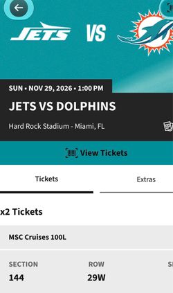 2 Jets vs Dolphins (obo) - Best Seats! 26’