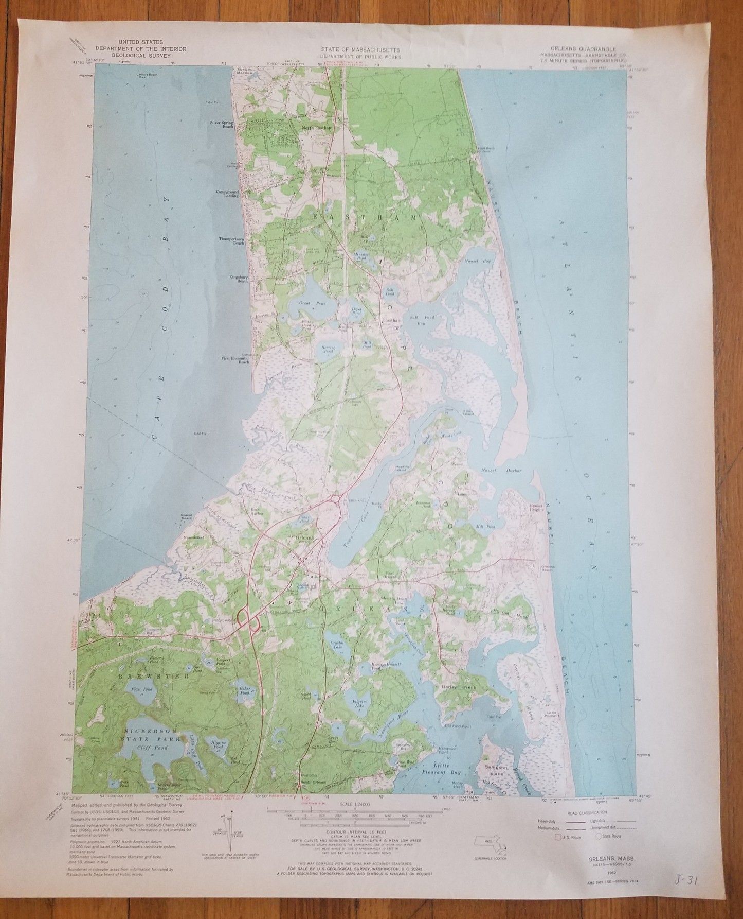 Vintage 1962 Geological Survey Map of Chatham and Orleans Cape Cod Mass 22" x 27"