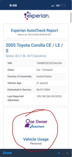 2005 Toyota Corolla Sedan – One Owner