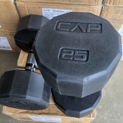 New CAP 2X25 Lbs, Black Handle, Pair of Dumbbells, 12 Sided, Black Coated, Total of 50 Lbs.