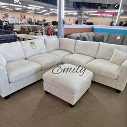 Elegant 4-Pc Corduroy Sectional Sofa With Ottoman Ivory 