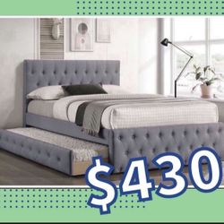 New In Box FULL BED W/TRUNDLE-LIGHT GREY BURLAP And 2 Mattresses.