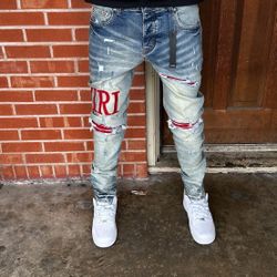 Amiri Red Logo Denim Jeans