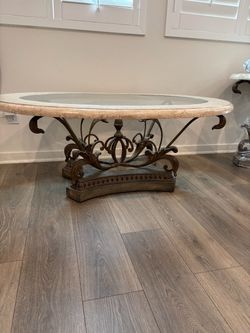 Ornate Oval Marble and Glass Coffee Table