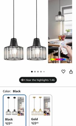 New Battery Operated Pendant Lights,Rechargeable Pendant Light with Remote,Crystal LED Pendant Light Fixtures for Kitchen Island,Black Modern Hanging