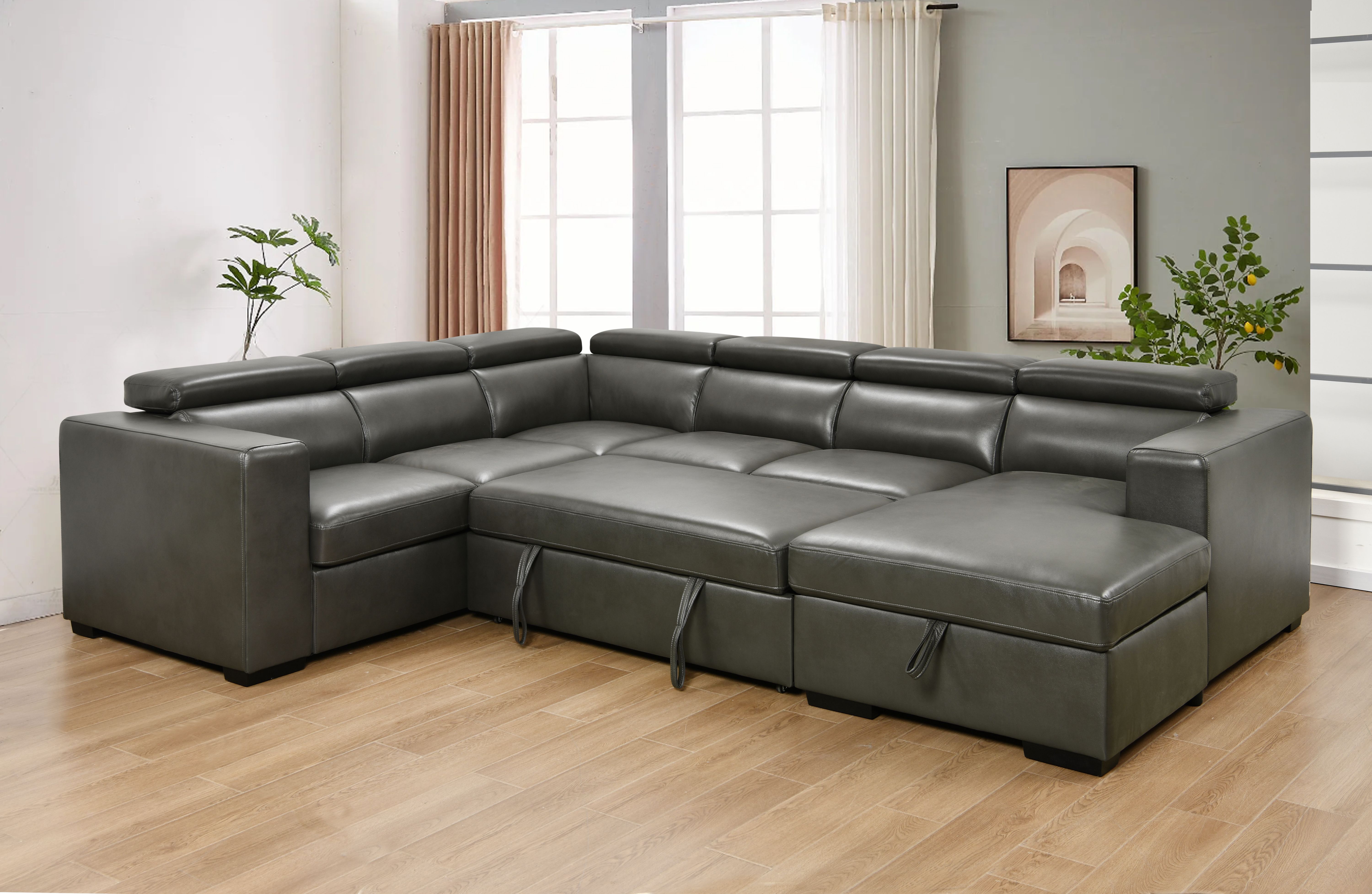 Sectional Sofa Faux Leather Sofa L123" U Shaped 7-Seat Sectional Sofa Adjustable Headrest, Sofa Bed with Storage Chaise