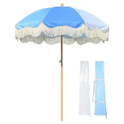 LAGarden 6Ft Fringe Wood Beach &  Patio Umbrella with Tassels & Carry Bag