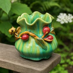 Chinese Vintage 1980s Shiwan Ware Green Vase Cricket & Fruit, Signed, 3.25x4”