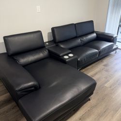 Modern Power Reclining Sectional w/ Chaise + Cupholders (Leather)