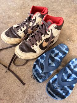 Nike Dunk High Sneakers and Crocs Flip Flops