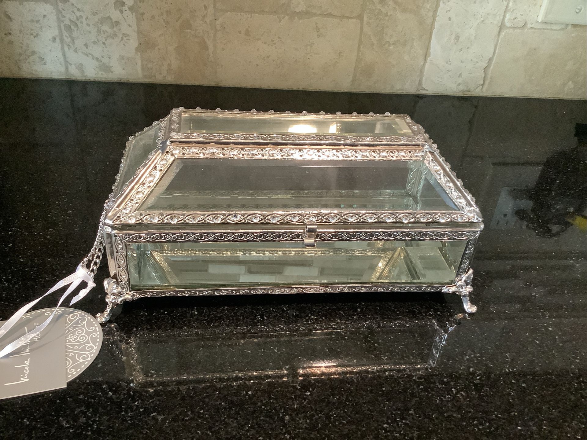 Nicole Miller Home Ornate Beveled Glass Mirrored Trinket Jewelry Box New