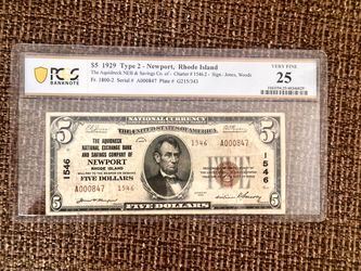1929 $5 National Bank note. Newport, Rhode Island. PCGS 25