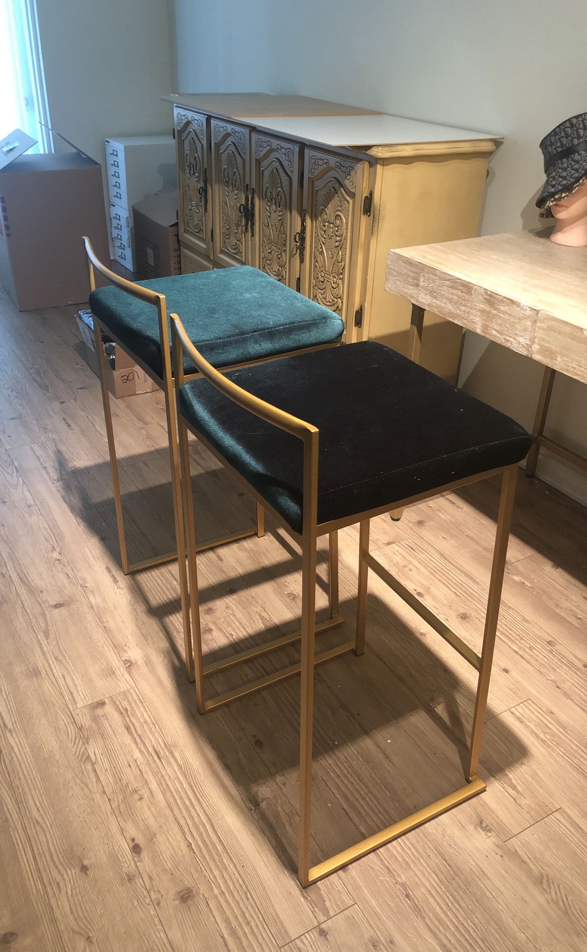 GREEN VELVET ROYAL GOLD / BRASS BAR STOOLS COUNTER STOOLS