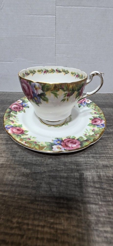 PARAGON BONE CHINA TAPESTRY ROSE FOOTED TEACUP AND SAUCER