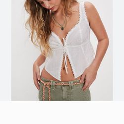 New AEO boho x xs daall white embroidered lace tie front summer crop top medium