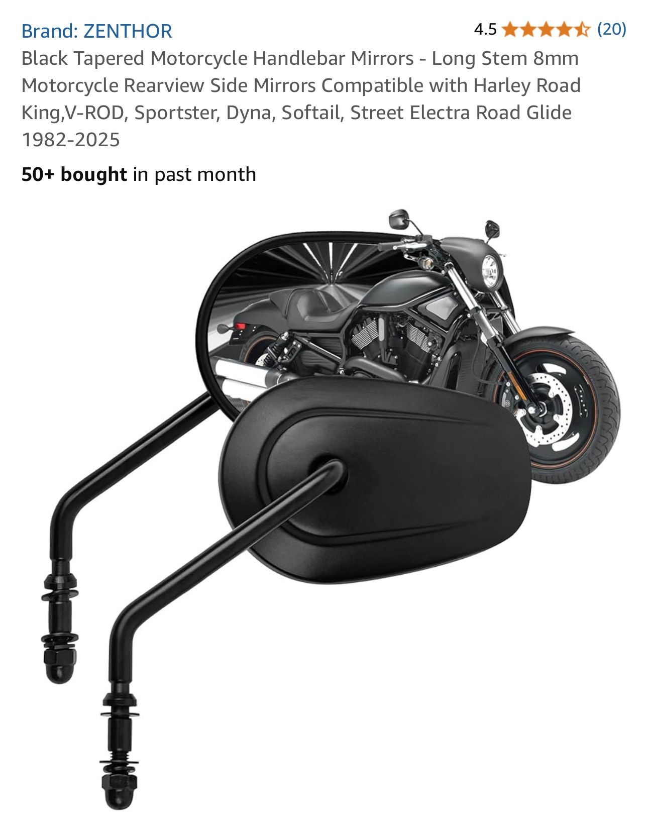 Black Tapered Motorcycle Handlebar Mirrors - Long Stem 8mm Motorcycle Rearview Side Mirrors Compatible with Harley Road King,V-ROD, Sportster, Dyna,