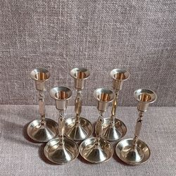 Brass Taper Candle Holder Lot, 6 Candlestick Holders, Taper Candle Holders w/ Drip Tray, Home Decor