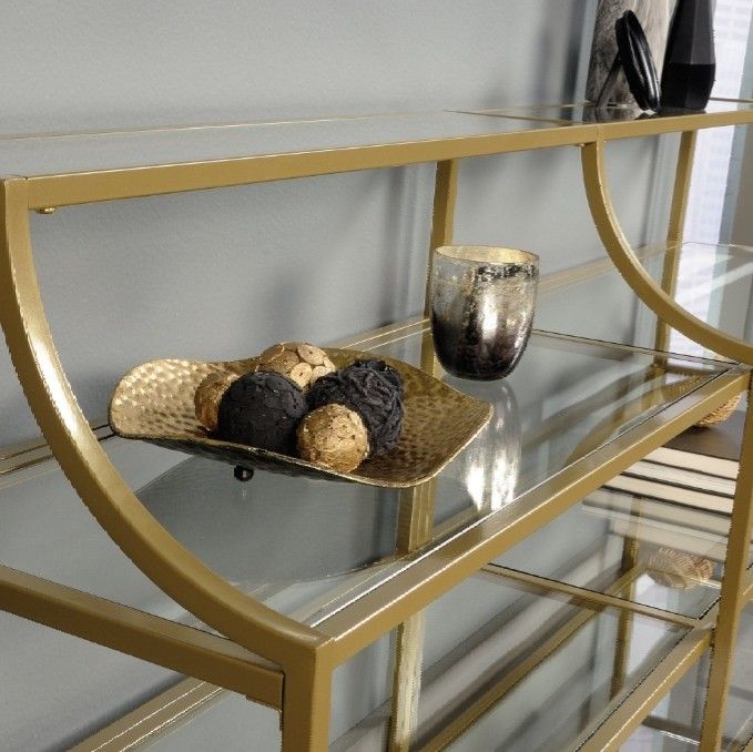 Gold Elegant Console Table with multiple Open Shelf Storage Living Room