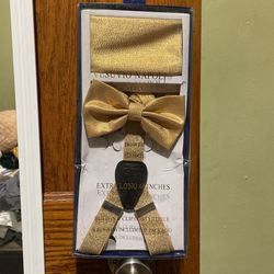 Gold suspenders with bow and hankie