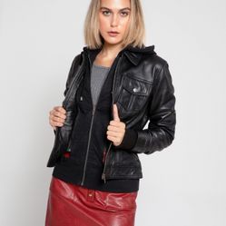 Women Genuine Leather jacket With hoodie - Sizes XS - 4XL