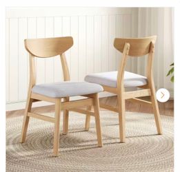 Modern Natural Finish Solid Wood Dining Chairs with Curved Backrest and Gray Fabric Seat (Set of 2)