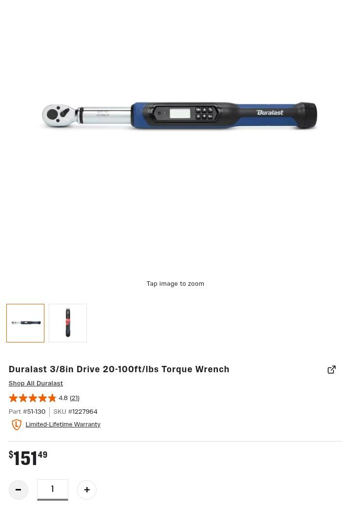 Duralast 3/8in Drive 20-100ft/lbs Torque Wrench