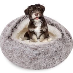 Round Dog & Cat Cave Bed with Hooded Cover, Pet Bed Hooded Plush Dog Bed Cave, Faux Fur Cuddler Comfortable Self Warming Pet Bed, Removable Washable S