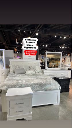White Bedroom Set – Bedframe, Dresser, Mirror, Nightstand