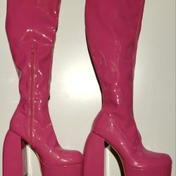 Size 9 Patent Hot Pink Platform Tall HighHeels Boots Shoes