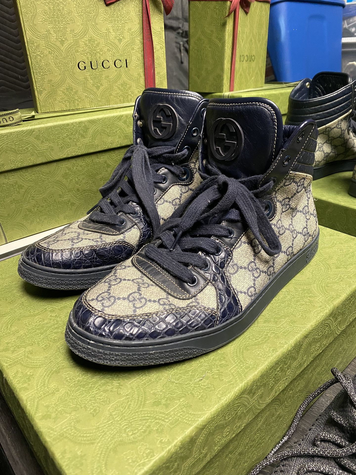 Navy/Beige Gucci Crocodile GG Canvas High Tops - Size 8