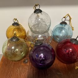 Set Of 6 - Large  Antique  Kugel Etched Glass Christmas Ornament Vintage