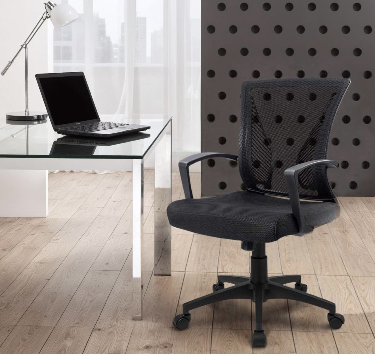 V-OCNC7510 Office Chair Mid Back Swivel Lumbar Support Desk Chair, Computer Ergonomic Mesh Chair with Armrest (Black)
