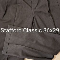 NEW Mens Stafford Dress Pleated Pants 36x29. Dark Gray, Cuffs, 65% Polyester, 35% Viscose, 4 Pocket, Rear Buttoned, Built In Change Pocket.