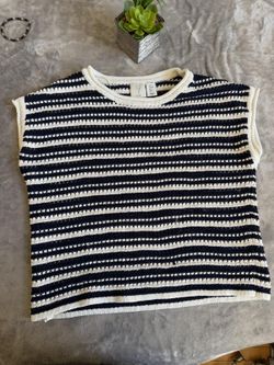Women's Joie Navy and Cream Striped Sleeveless Cropped Knit Top Size Small (S)